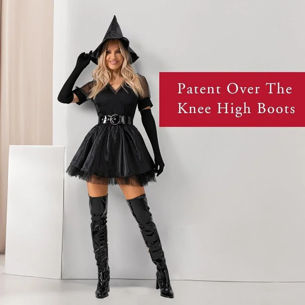 Women Black Patent Leather PU Thigh High Boots Pointed Toe Over The Knee Boots